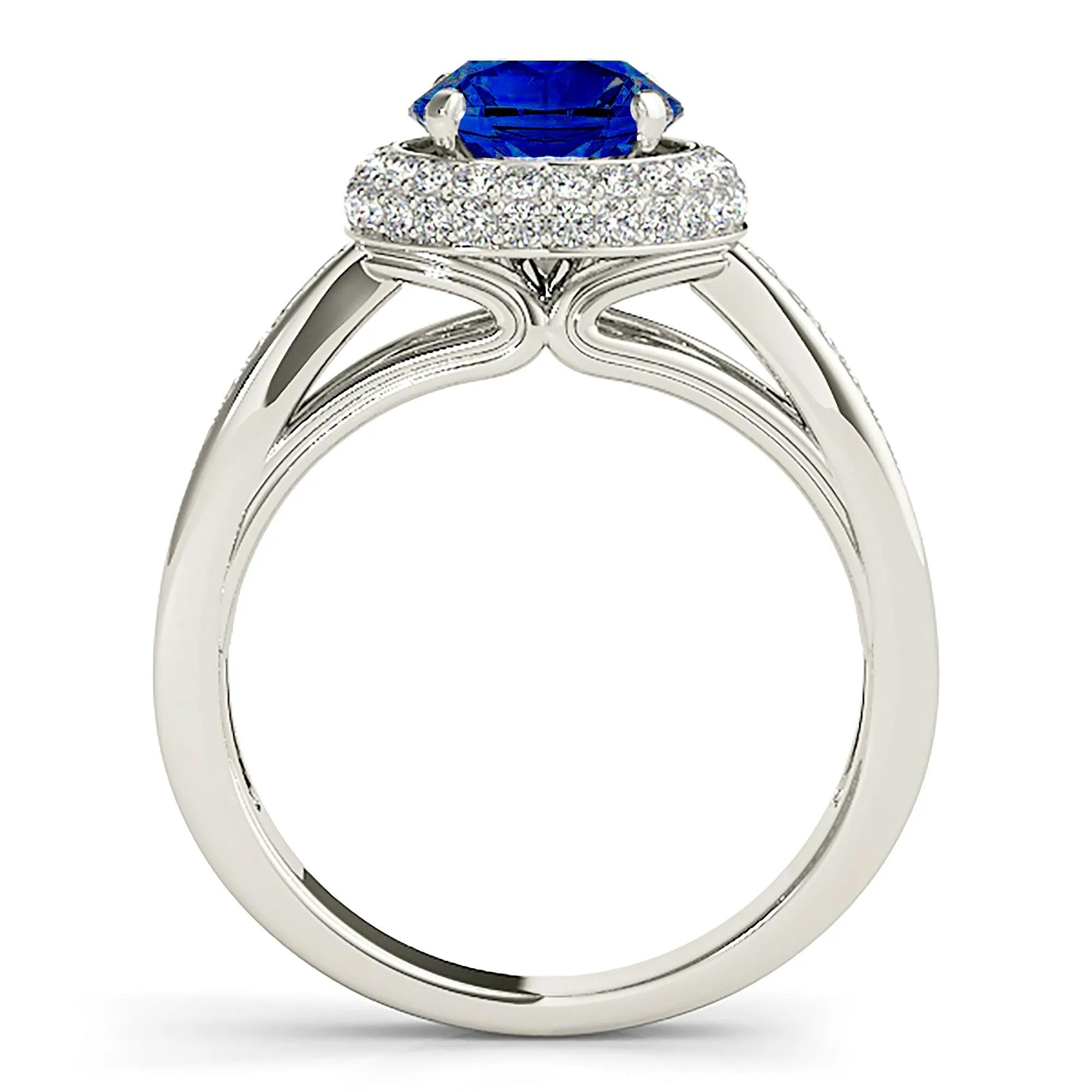 2.40 ct. Genuine Blue Sapphire Halo Ring With Pave Set Side Diamonds
