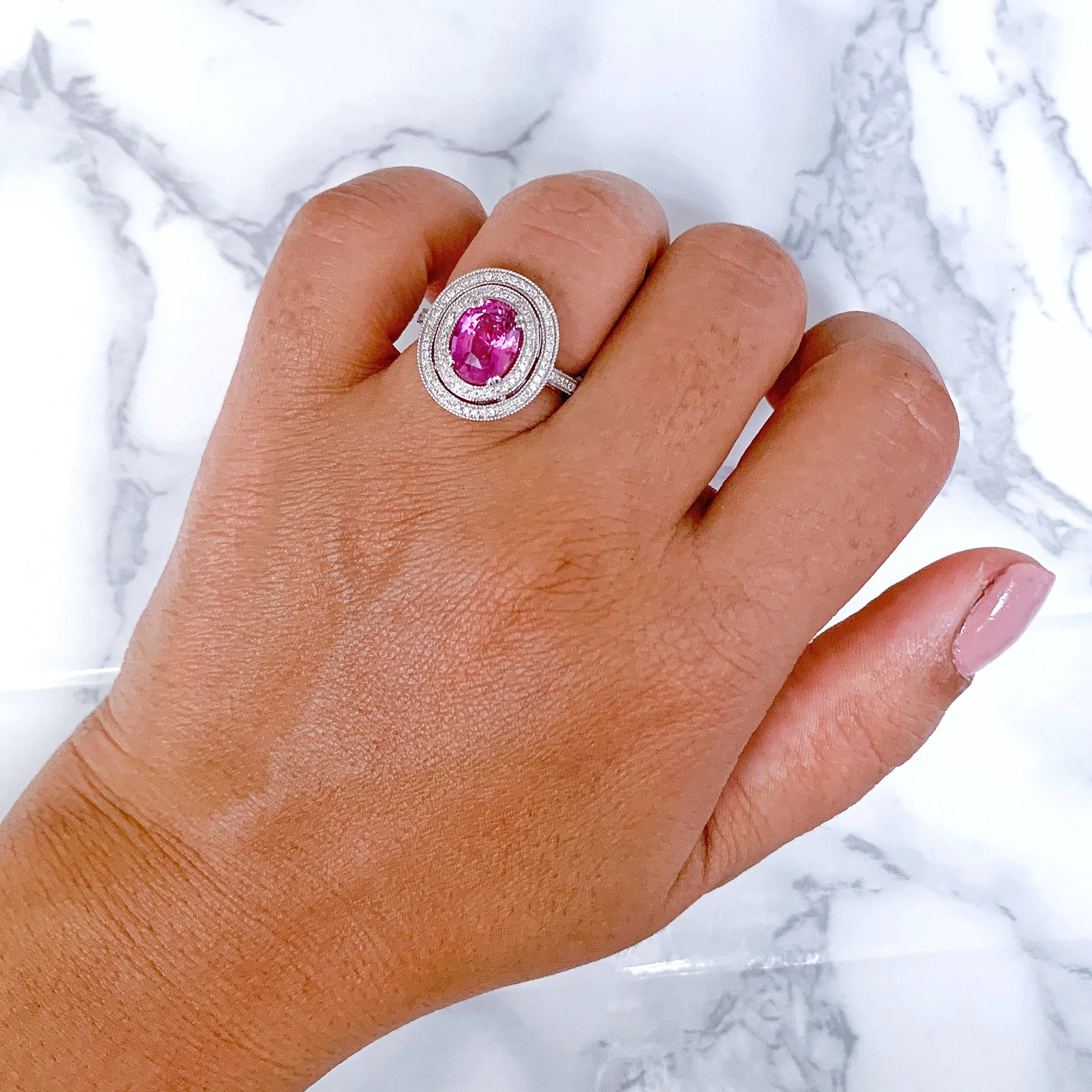 2.90ct Oval Pink Sapphire Ring with Double Diamond Halo in 14K White Gold