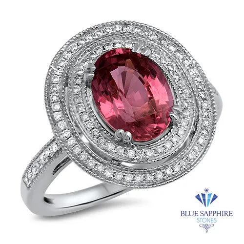 2.90ct Oval Pink Sapphire Ring with Double Diamond Halo in 14K White Gold