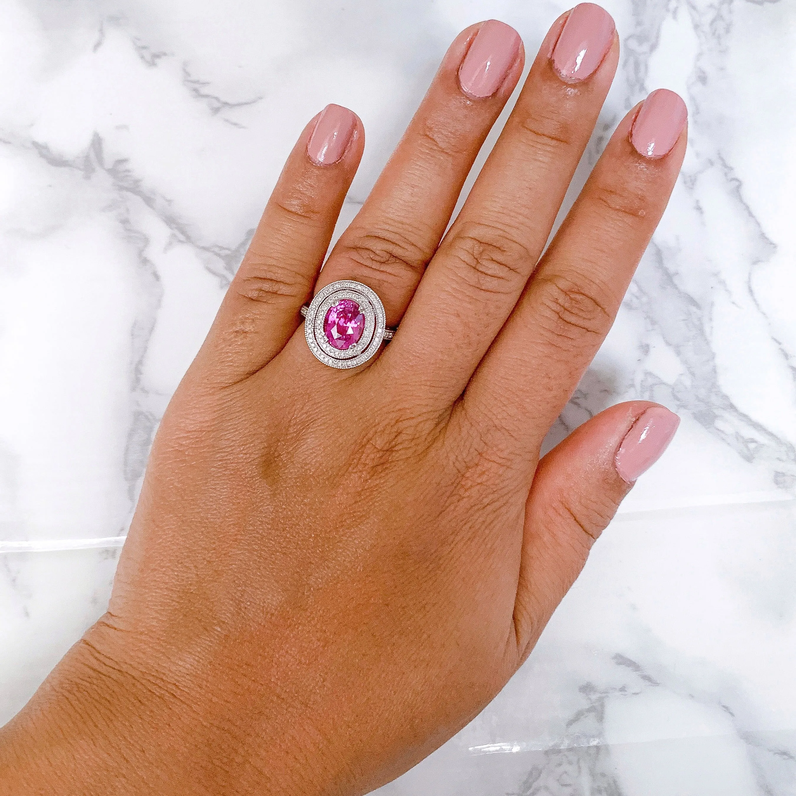 2.90ct Oval Pink Sapphire Ring with Double Diamond Halo in 14K White Gold