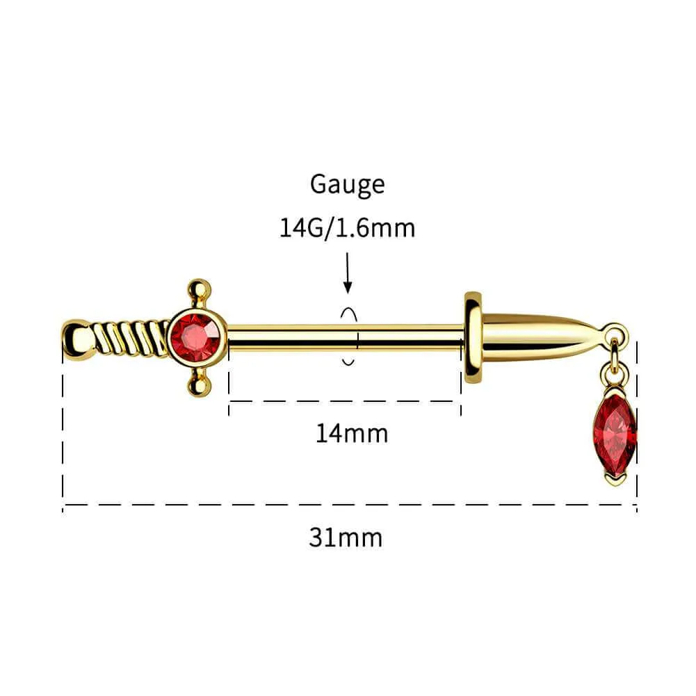 2PCS 14G Sword With Red Gems Nipple Barbell Rings
