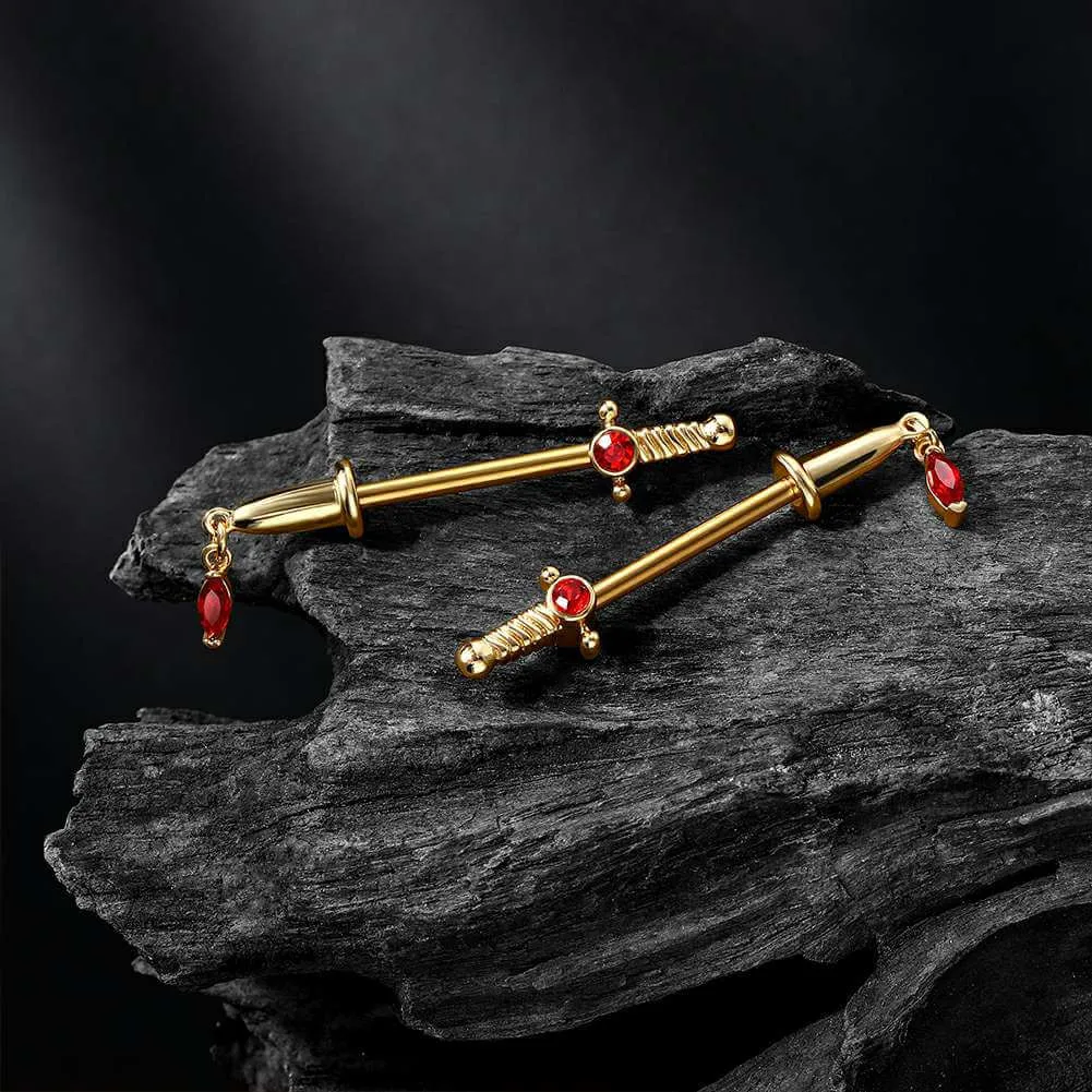2PCS 14G Sword With Red Gems Nipple Barbell Rings
