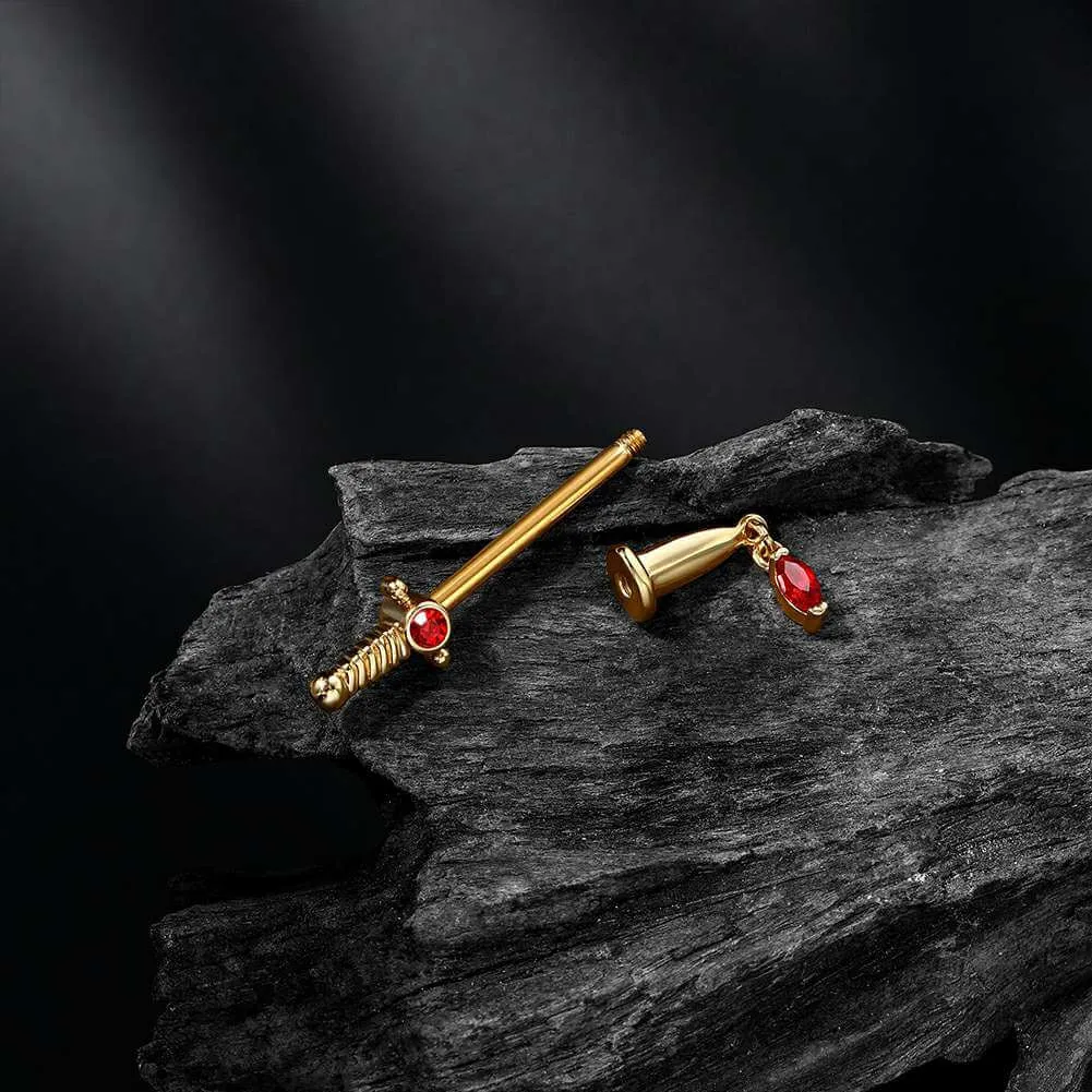 2PCS 14G Sword With Red Gems Nipple Barbell Rings