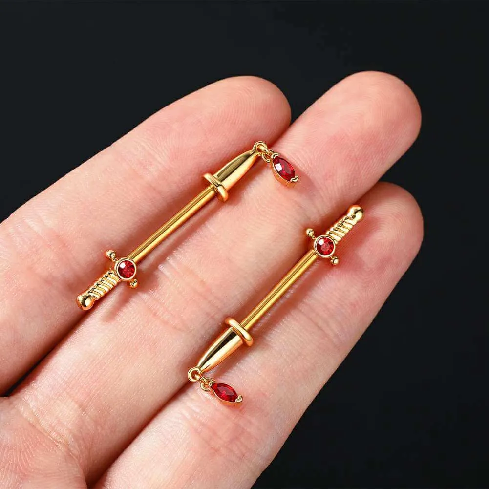 2PCS 14G Sword With Red Gems Nipple Barbell Rings