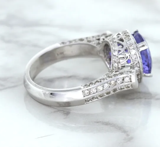 3.12ct Round Tanzanite Ring with Diamond Halo in 14K White Gold