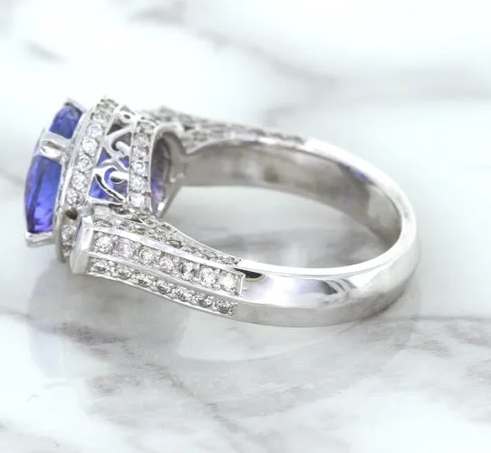 3.12ct Round Tanzanite Ring with Diamond Halo in 14K White Gold