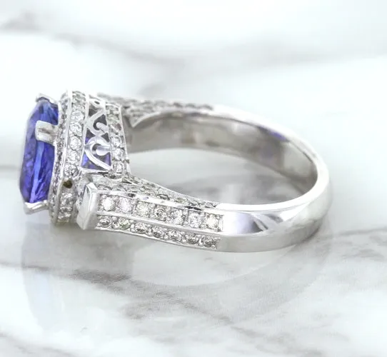 3.12ct Round Tanzanite Ring with Diamond Halo in 14K White Gold
