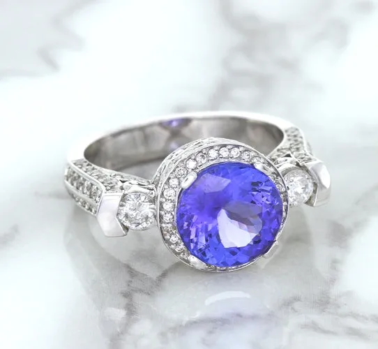 3.12ct Round Tanzanite Ring with Diamond Halo in 14K White Gold