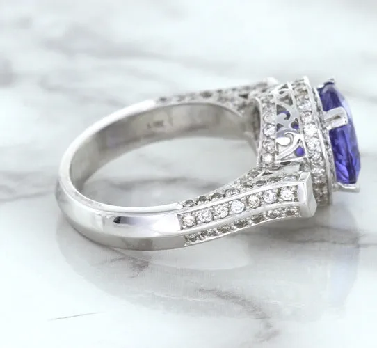 3.12ct Round Tanzanite Ring with Diamond Halo in 14K White Gold