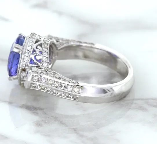 3.12ct Round Tanzanite Ring with Diamond Halo in 14K White Gold