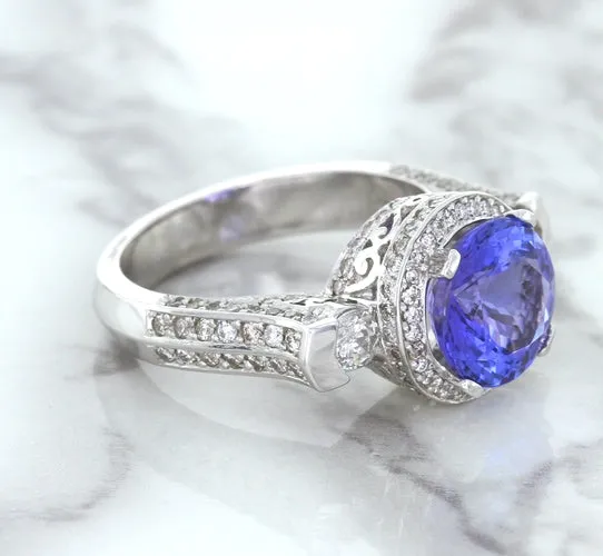 3.12ct Round Tanzanite Ring with Diamond Halo in 14K White Gold