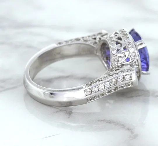 3.12ct Round Tanzanite Ring with Diamond Halo in 14K White Gold