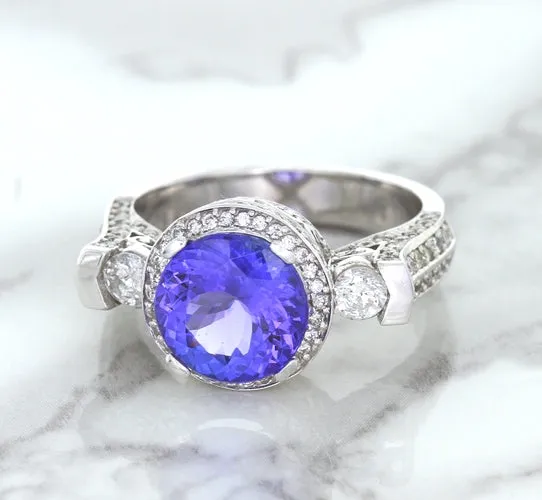 3.12ct Round Tanzanite Ring with Diamond Halo in 14K White Gold