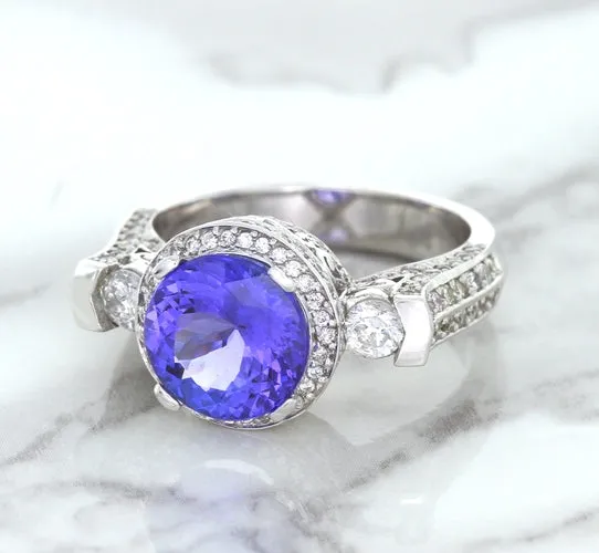 3.12ct Round Tanzanite Ring with Diamond Halo in 14K White Gold