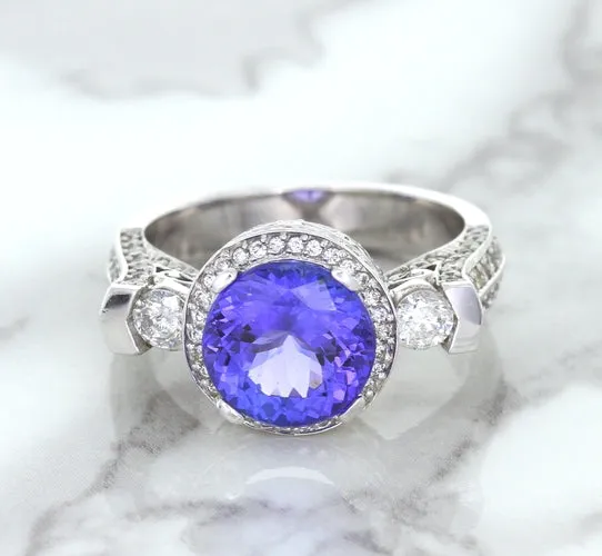 3.12ct Round Tanzanite Ring with Diamond Halo in 14K White Gold