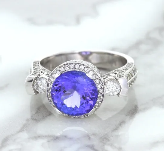 3.12ct Round Tanzanite Ring with Diamond Halo in 14K White Gold