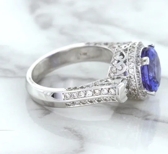 3.12ct Round Tanzanite Ring with Diamond Halo in 14K White Gold
