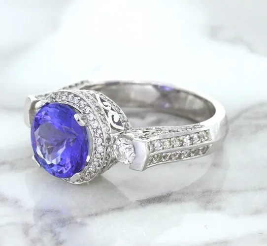 3.12ct Round Tanzanite Ring with Diamond Halo in 14K White Gold