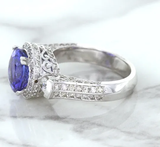 3.12ct Round Tanzanite Ring with Diamond Halo in 14K White Gold