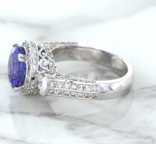 3.12ct Round Tanzanite Ring with Diamond Halo in 14K White Gold