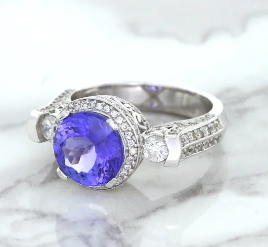 3.12ct Round Tanzanite Ring with Diamond Halo in 14K White Gold