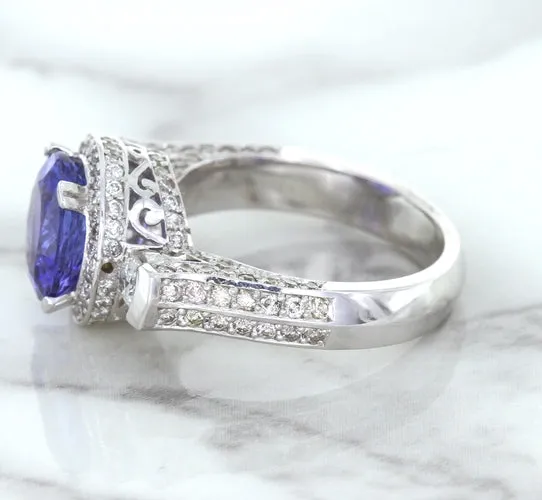 3.12ct Round Tanzanite Ring with Diamond Halo in 14K White Gold