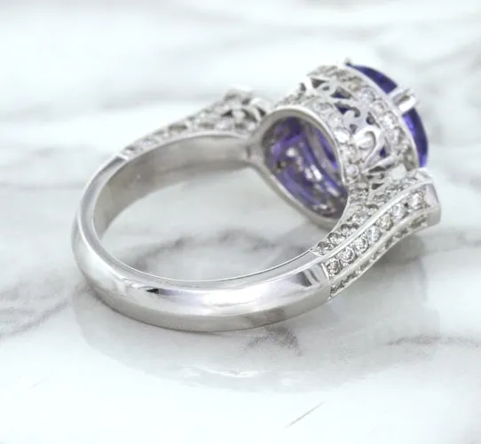 3.12ct Round Tanzanite Ring with Diamond Halo in 14K White Gold