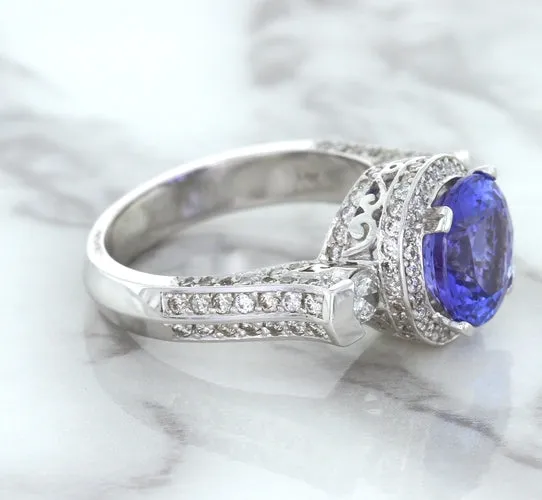 3.12ct Round Tanzanite Ring with Diamond Halo in 14K White Gold