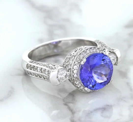 3.12ct Round Tanzanite Ring with Diamond Halo in 14K White Gold