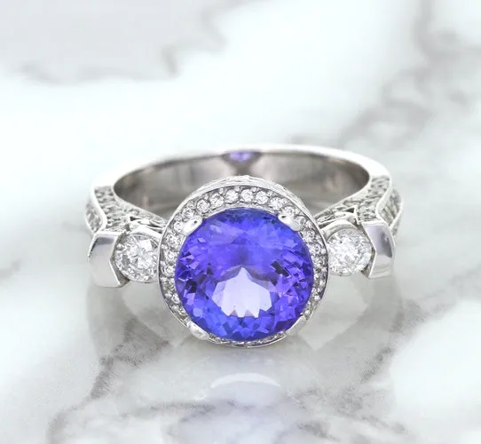 3.12ct Round Tanzanite Ring with Diamond Halo in 14K White Gold
