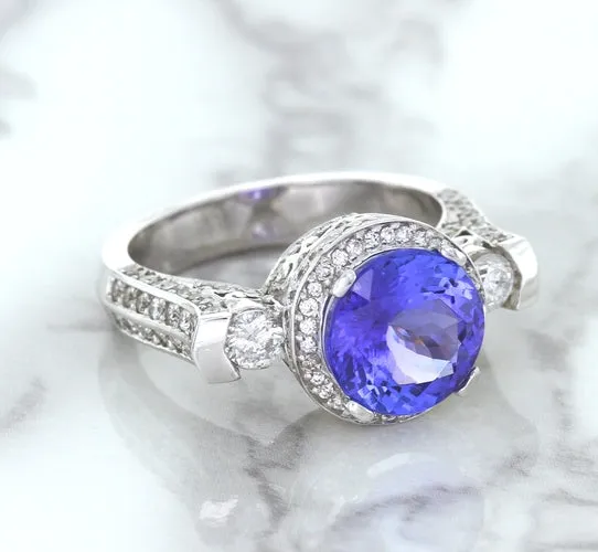 3.12ct Round Tanzanite Ring with Diamond Halo in 14K White Gold