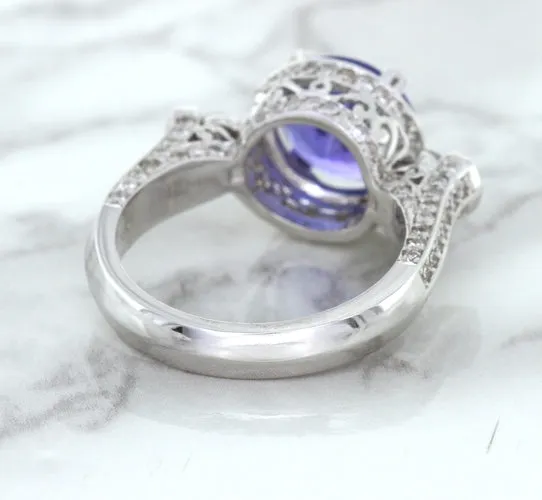 3.12ct Round Tanzanite Ring with Diamond Halo in 14K White Gold