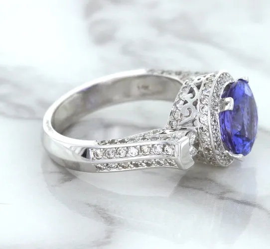 3.12ct Round Tanzanite Ring with Diamond Halo in 14K White Gold