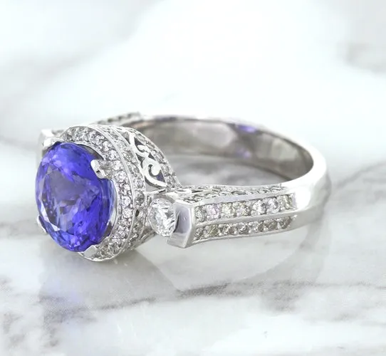 3.12ct Round Tanzanite Ring with Diamond Halo in 14K White Gold