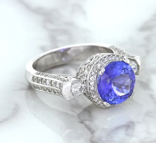 3.12ct Round Tanzanite Ring with Diamond Halo in 14K White Gold