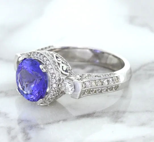 3.12ct Round Tanzanite Ring with Diamond Halo in 14K White Gold