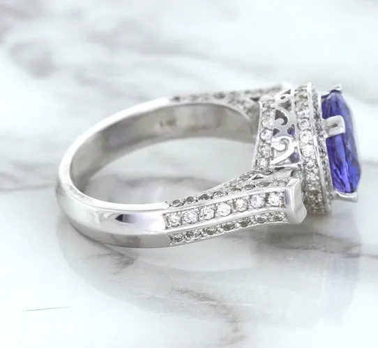 3.12ct Round Tanzanite Ring with Diamond Halo in 14K White Gold