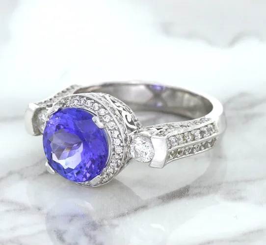 3.12ct Round Tanzanite Ring with Diamond Halo in 14K White Gold