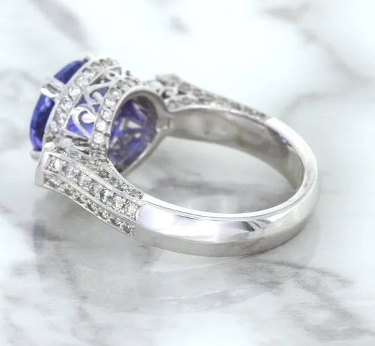 3.12ct Round Tanzanite Ring with Diamond Halo in 14K White Gold