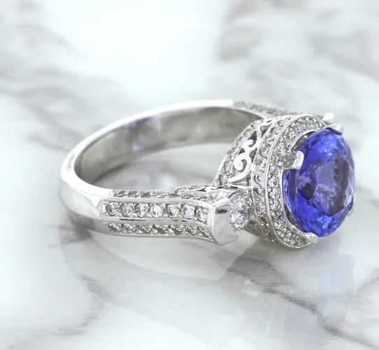 3.12ct Round Tanzanite Ring with Diamond Halo in 14K White Gold