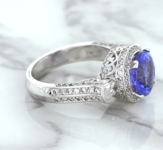 3.12ct Round Tanzanite Ring with Diamond Halo in 14K White Gold