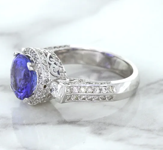 3.12ct Round Tanzanite Ring with Diamond Halo in 14K White Gold