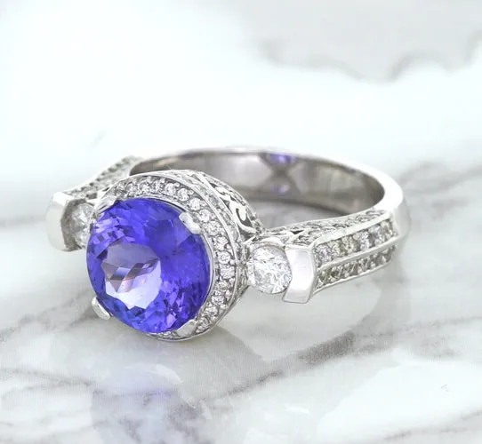 3.12ct Round Tanzanite Ring with Diamond Halo in 14K White Gold