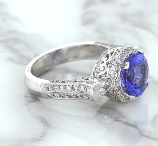 3.12ct Round Tanzanite Ring with Diamond Halo in 14K White Gold