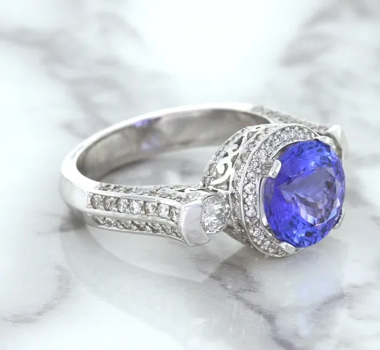 3.12ct Round Tanzanite Ring with Diamond Halo in 14K White Gold