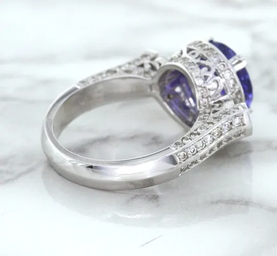 3.12ct Round Tanzanite Ring with Diamond Halo in 14K White Gold