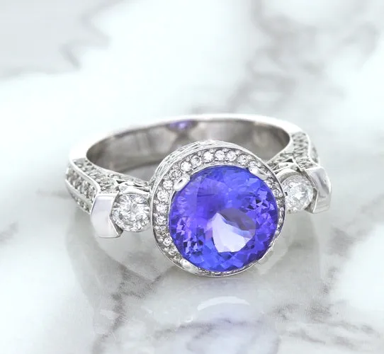 3.12ct Round Tanzanite Ring with Diamond Halo in 14K White Gold