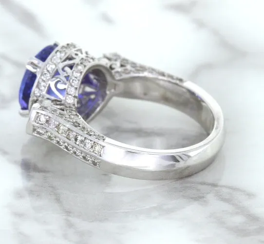 3.12ct Round Tanzanite Ring with Diamond Halo in 14K White Gold
