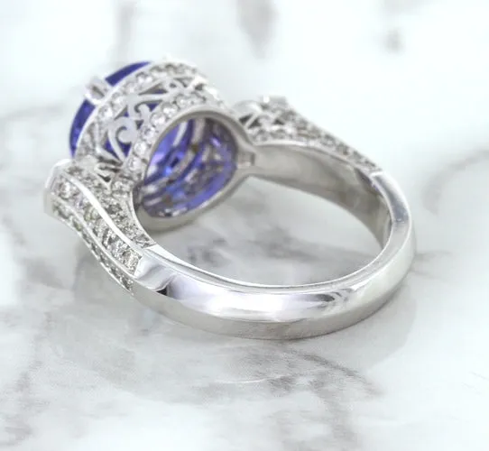3.12ct Round Tanzanite Ring with Diamond Halo in 14K White Gold