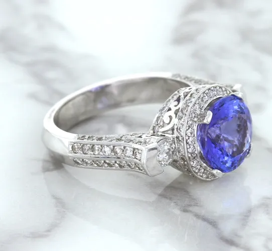 3.12ct Round Tanzanite Ring with Diamond Halo in 14K White Gold